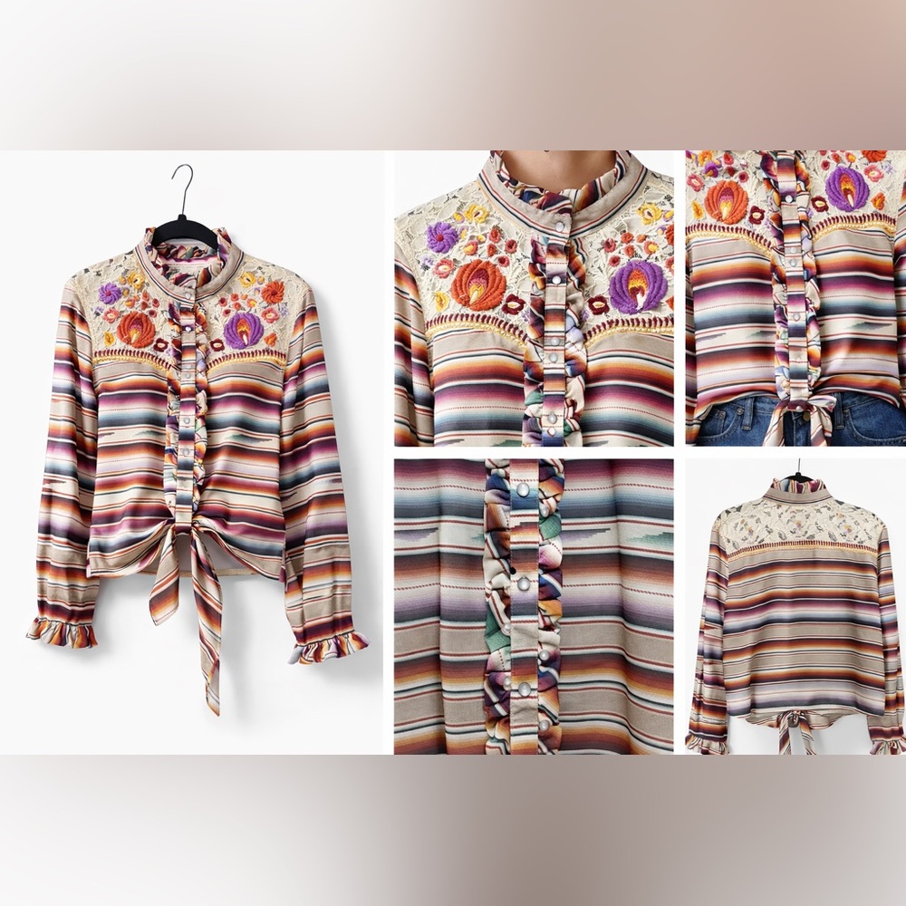 Double D Ranch Santa Rita Blouse Western Pearl Snap Serape Embroidered Boho Top - Picture 4 of 16